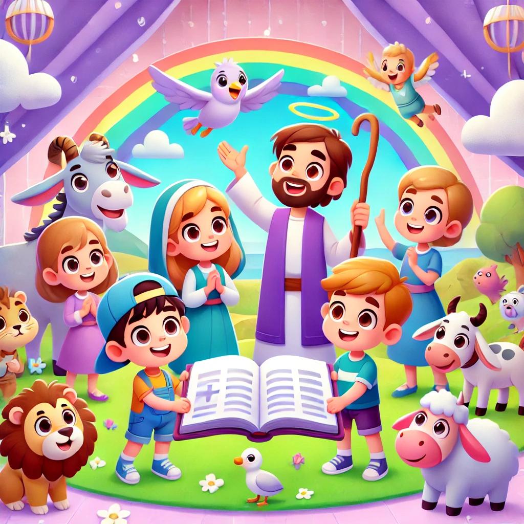 Animated characters from Bible stories teaching Christian values to children in a colorful and engaging scene.